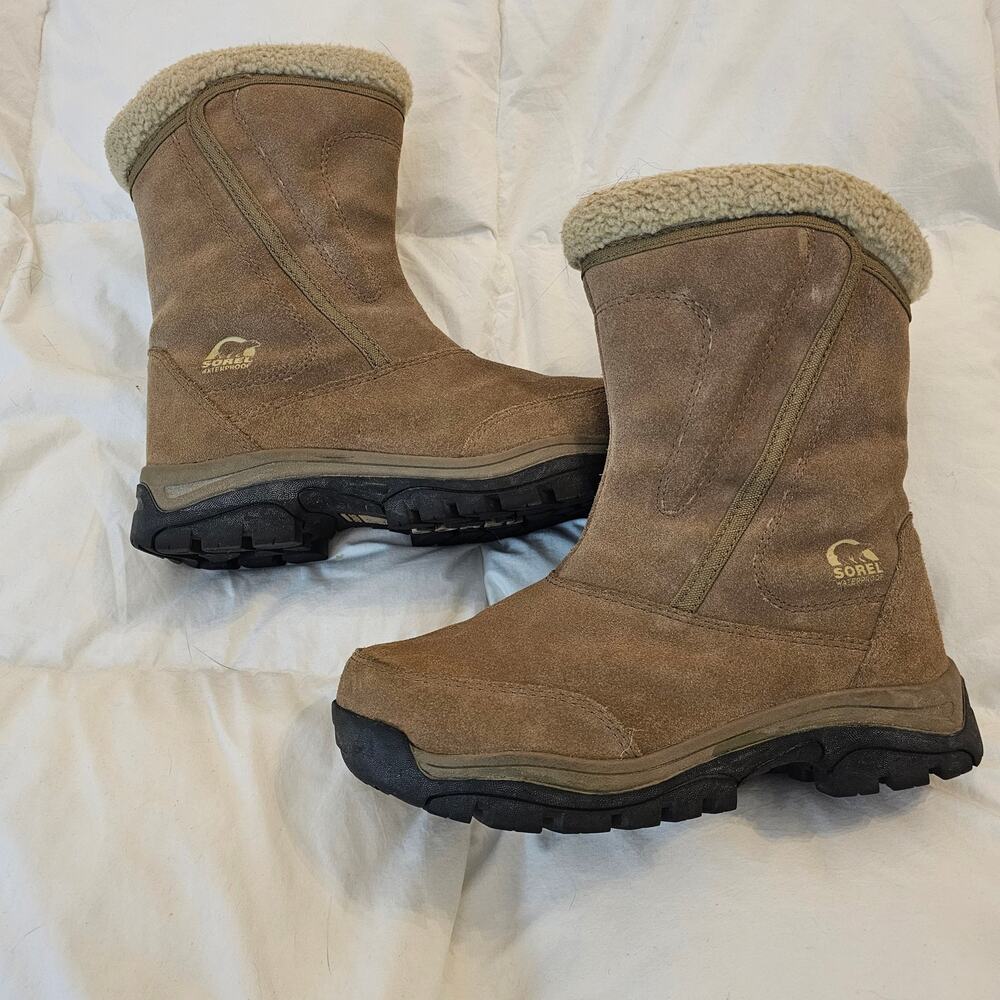 Sorel Water Fall Waterproof Suede Winter Boots Tan Shearling Trim Women’s 7